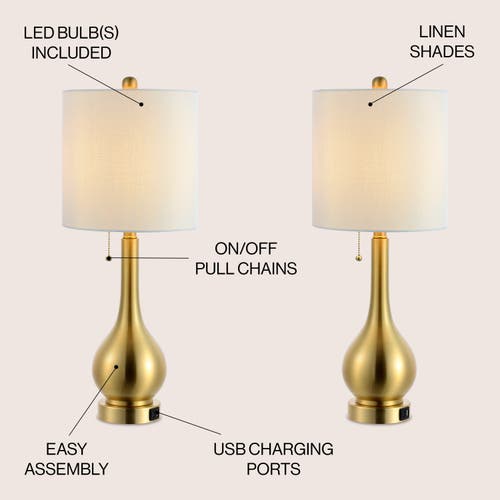 Jonathan Y Tyler 24" Modern Classic Gourd Iron Led Table Lamp With Pull-chain With Dual Usb Charging In Brass Gold