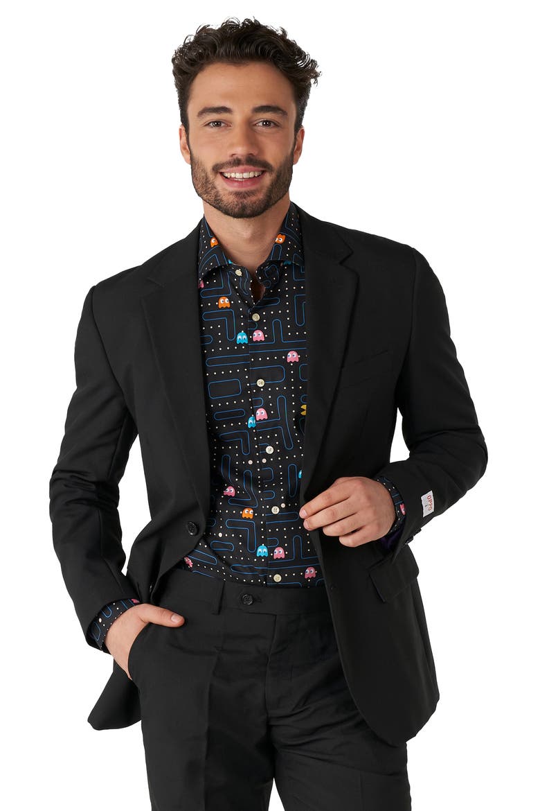 Pac-Man Button-Up Shirt, Alternate, color, BLACK