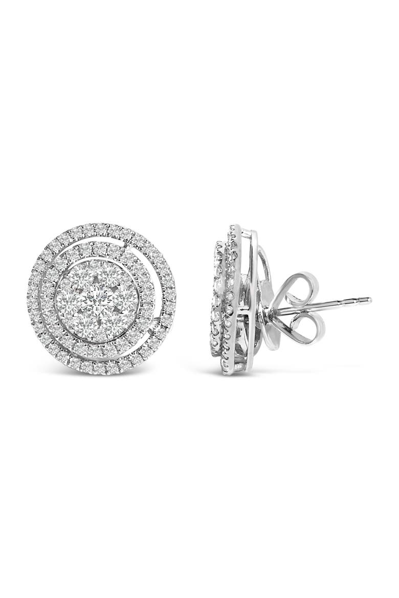 14K Gold 1 3/8 Cttw Diamond Cluster and Double Halo Stud Earring, Alternate, color, White