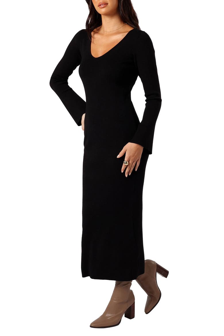 Lina V-Neck Long Sleeve Midi Sweater Dress, Alternate, color, BLACK