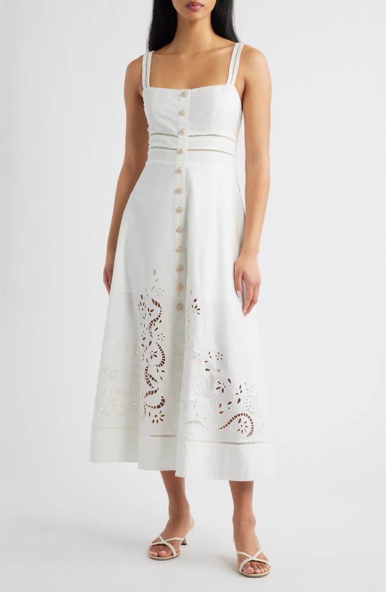 MOON RIVER Eyelet Midi Sundress, Main, color, Off White