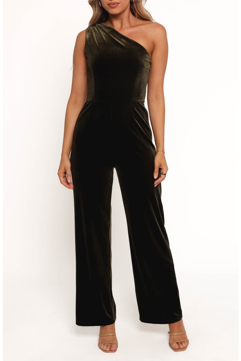 Xita Velvet One-Shoulder Jumpsuit, Main, color, OLIVE
