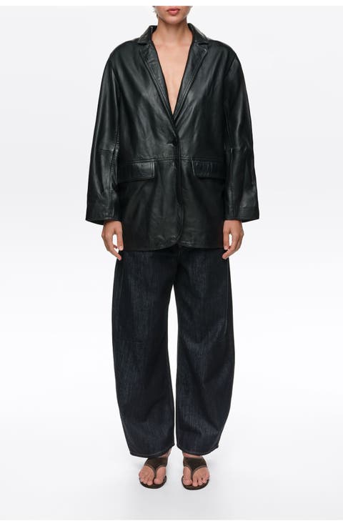 Leather Double-Breasted Tailored Jacket