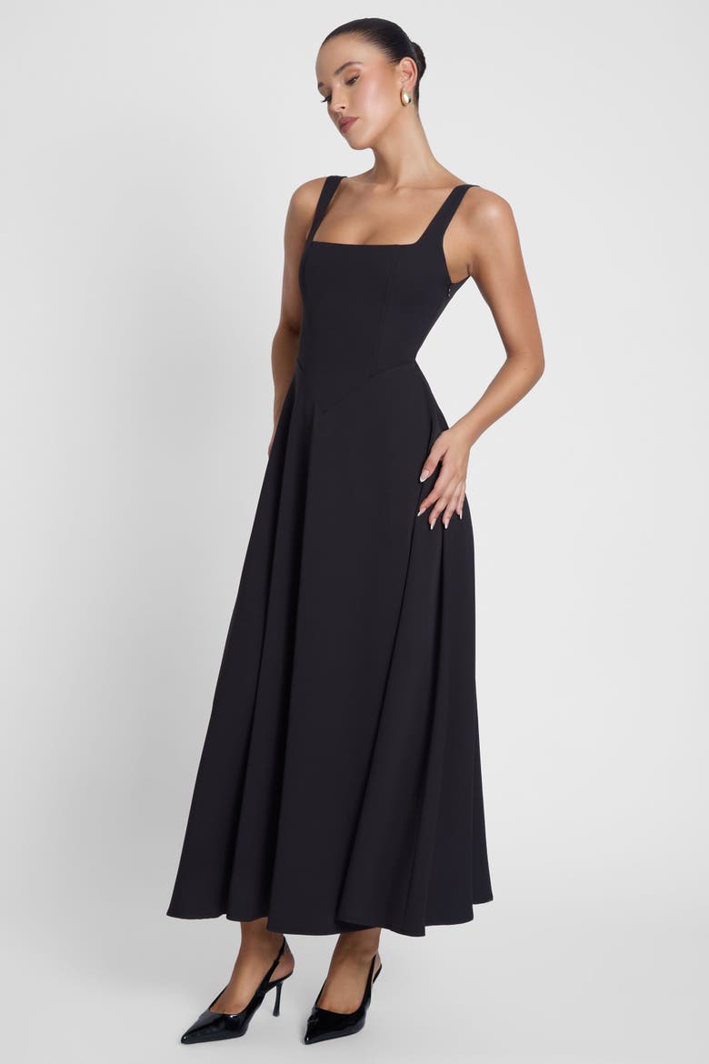 Serenity Square Neck Corset Midi Dress, Alternate, color, Black