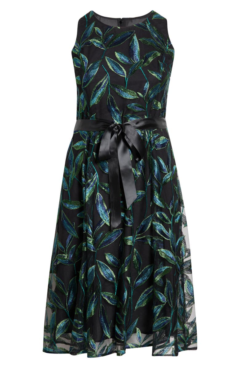Tahari ASL Embroidered Tie Waist Sleeveless Midi Dress, Alternate, color, Black Jewel Teal