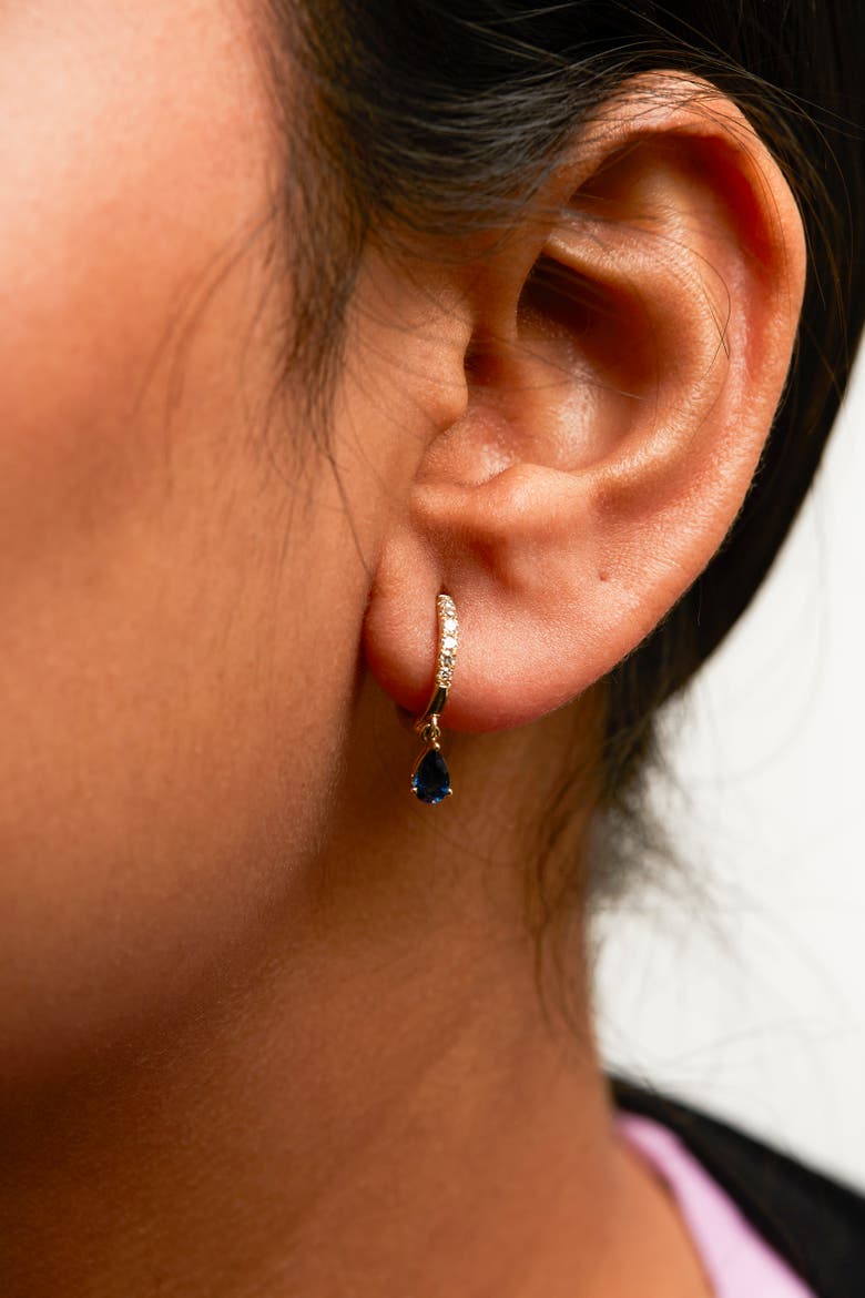 10K Yellow Gold Pear Blue Sapphire and Diamond Drop and Dangle Hoop Earrings, Alternate, color, Yellow