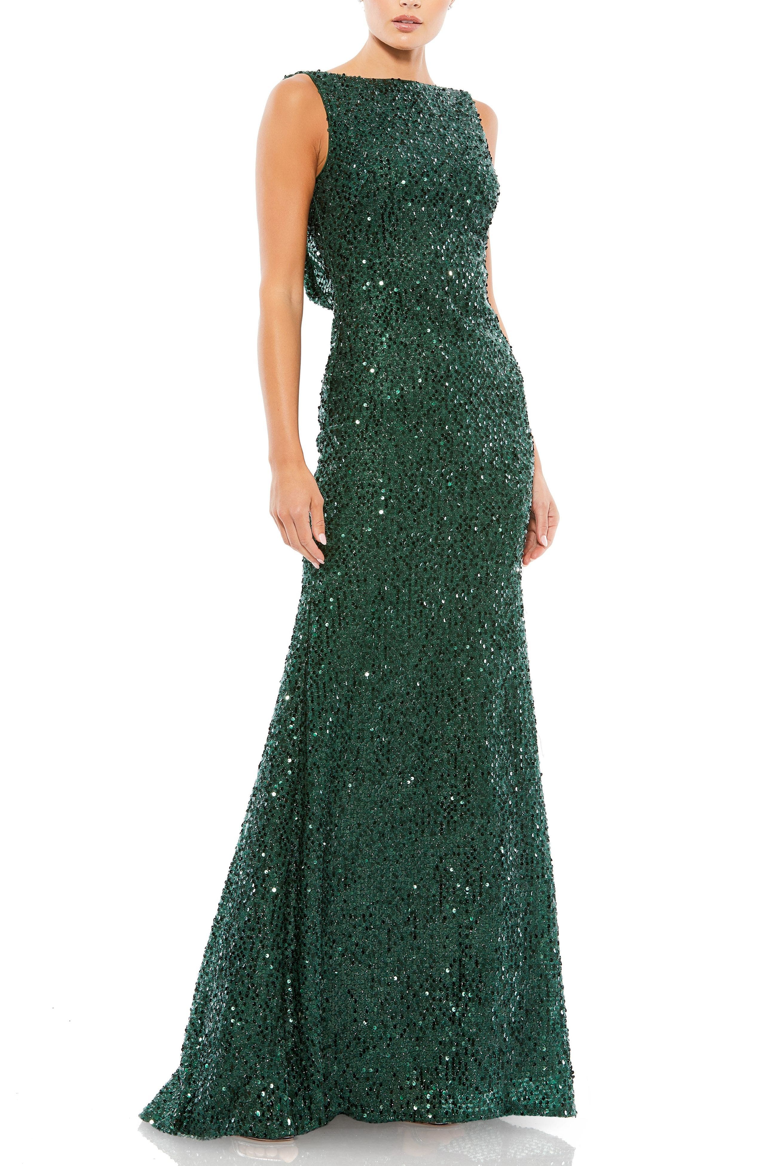 Cowl Back Boat Neck Sequined Evening Gown - image 3