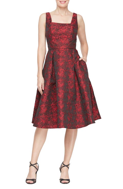 Rose Jacquard Fit & Flare Cocktail Dress