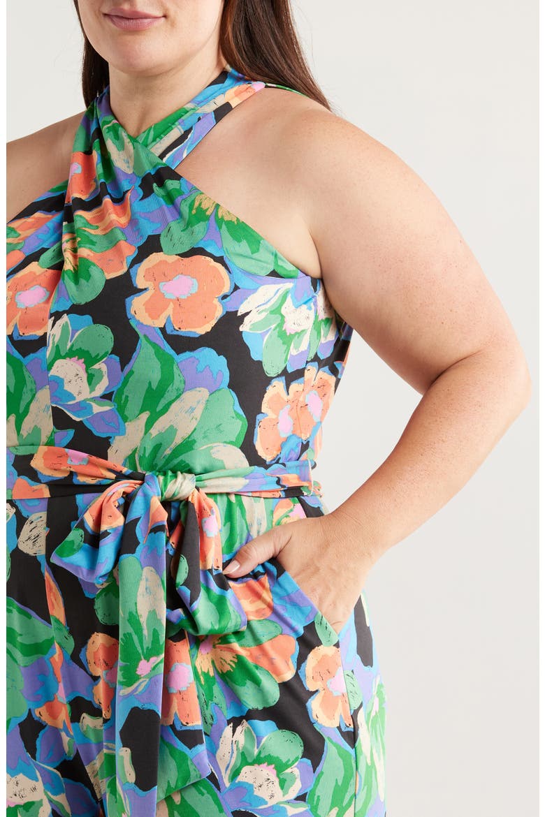 Print Twist Neck Tie Waist Sleeveless Jumpsuit, Alternate, color, BLACK MULTI