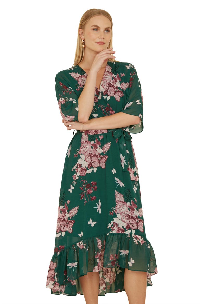 Floral Dipped Hem Dress, Alternate, color, Green