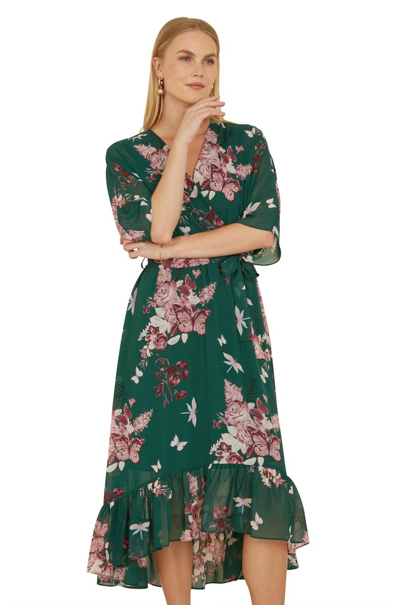 Yumi Floral Kimono Dipped Hem Dress, Alternate, color, Green