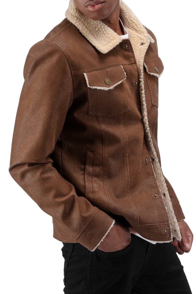 Faux Shearling Lined Trucker Jacket, Alternate, color, BROWN