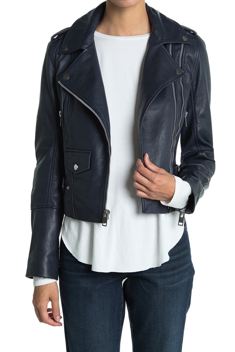Juls Leather Moto Jacket, Main, color, NAVY