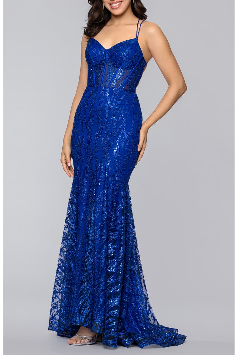 Sequin Illusion Bodice Mermaid Gown, Alternate, color, ROYAL