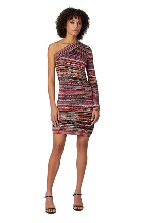 One-shoulder Mini-dress In Lamé Embossed Viscose With Wave Motif