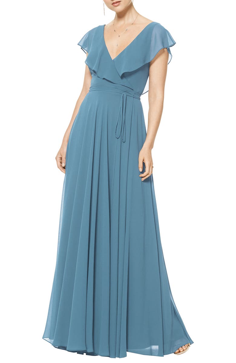 #Levkoff Ruffle V-Neck Wrap Gown, Main, color, 