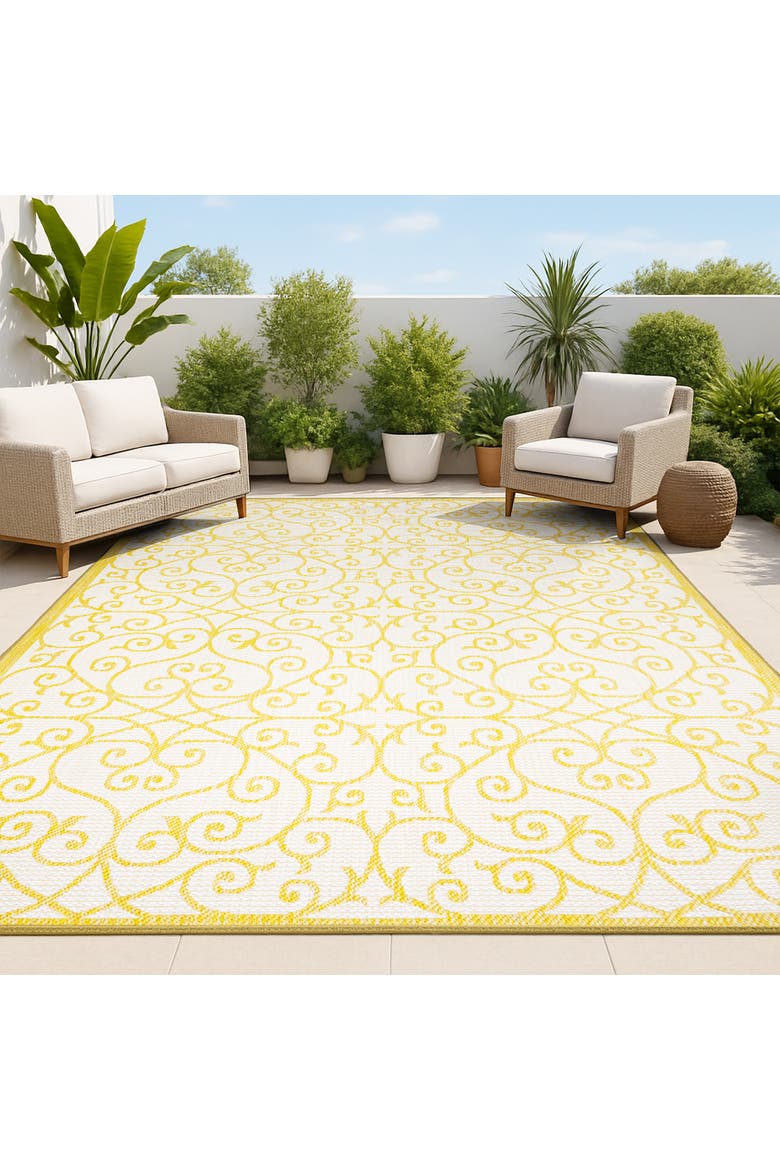 Madrid Vintage Filigree Textured Weave Indoor/Outdoor Area Rug, Alternate, color, Cream/Yellow
