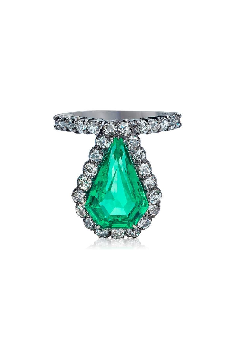 Colombian Emerald & Diamond Shield Ring, Main, color, EM/SILVER/GOLD