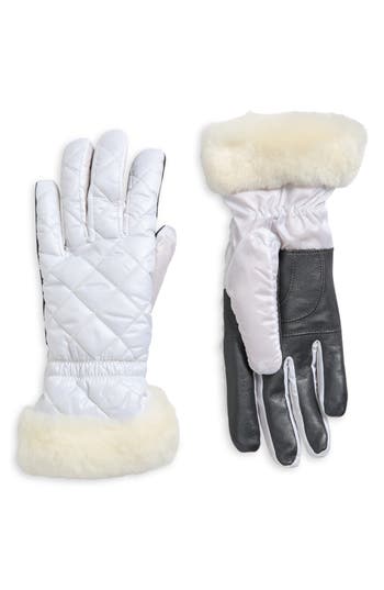 Ugg ® All Weather Genuine Shearling Trim Quilted Gloves In White
