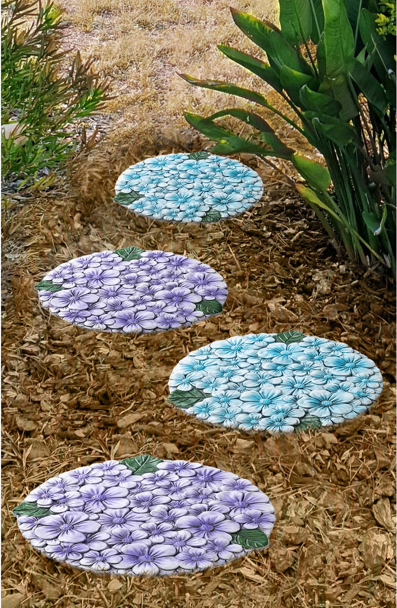 Glitzhome Set of 2 Cement Blue and Purple Hydrangea Textured Stepping Stones, Alternate, color, Blue