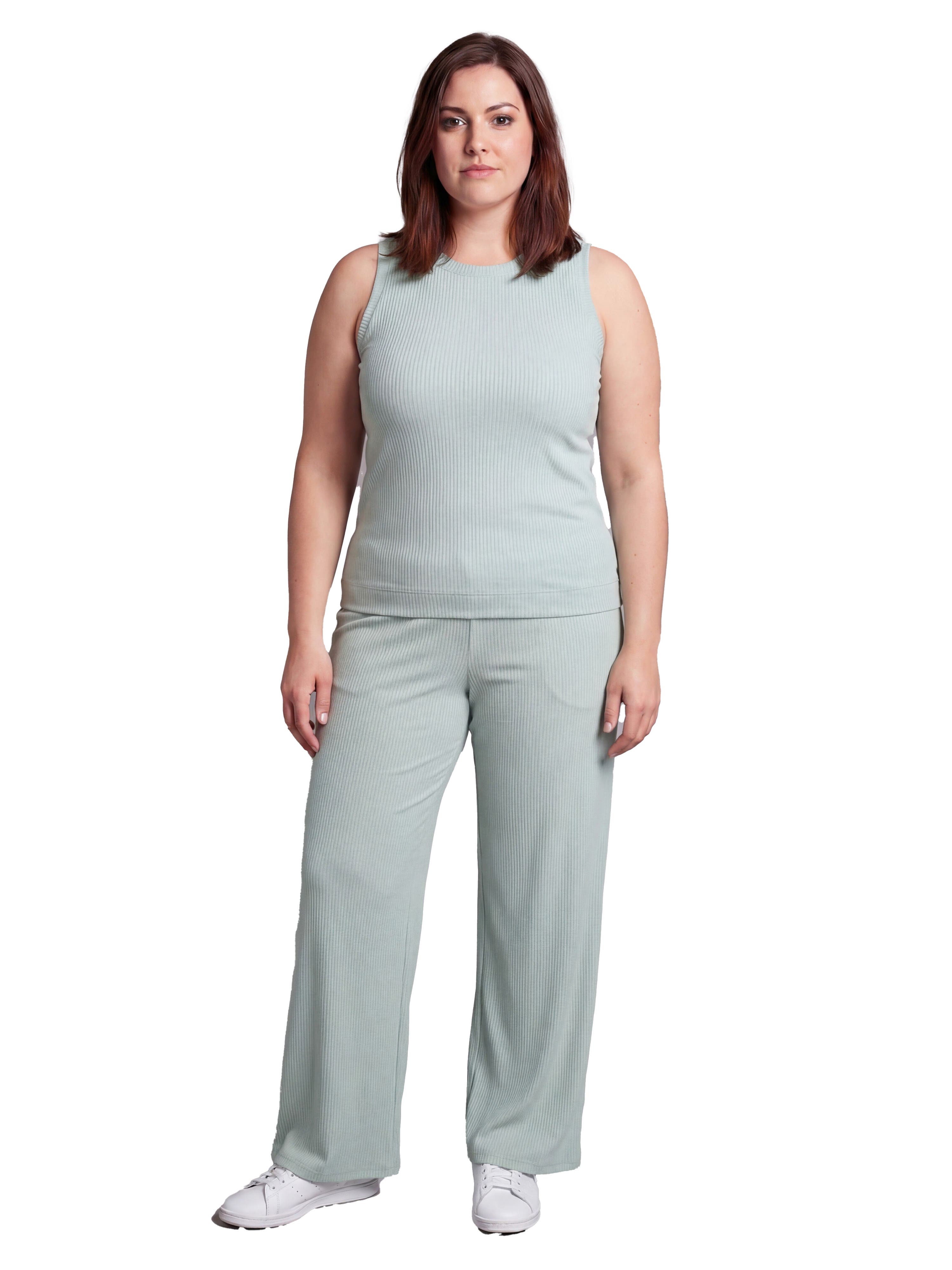 Curvy Basic Ribbed Knit Tank Top and Elastic Waist Wide Leg Pant Set - image 5