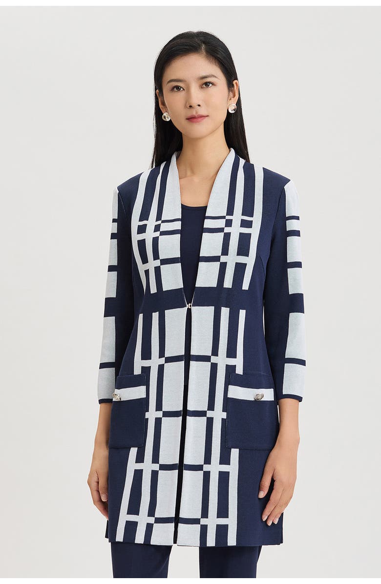 Ming Wang Heritage Two-Tone Geometric Knit Duster, Alternate, color, Indigo/White