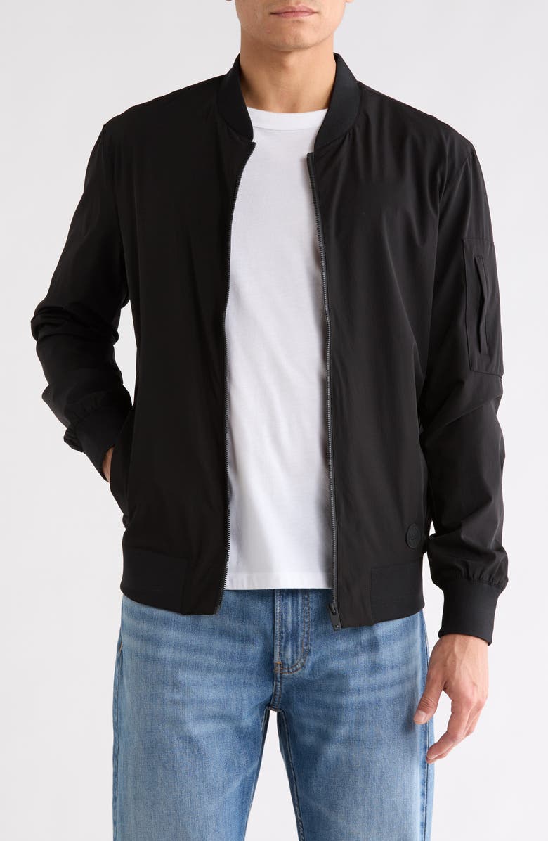 DENIM AND FLOWER Sleeve Pocket Bomber Jacket, Main, color, Black