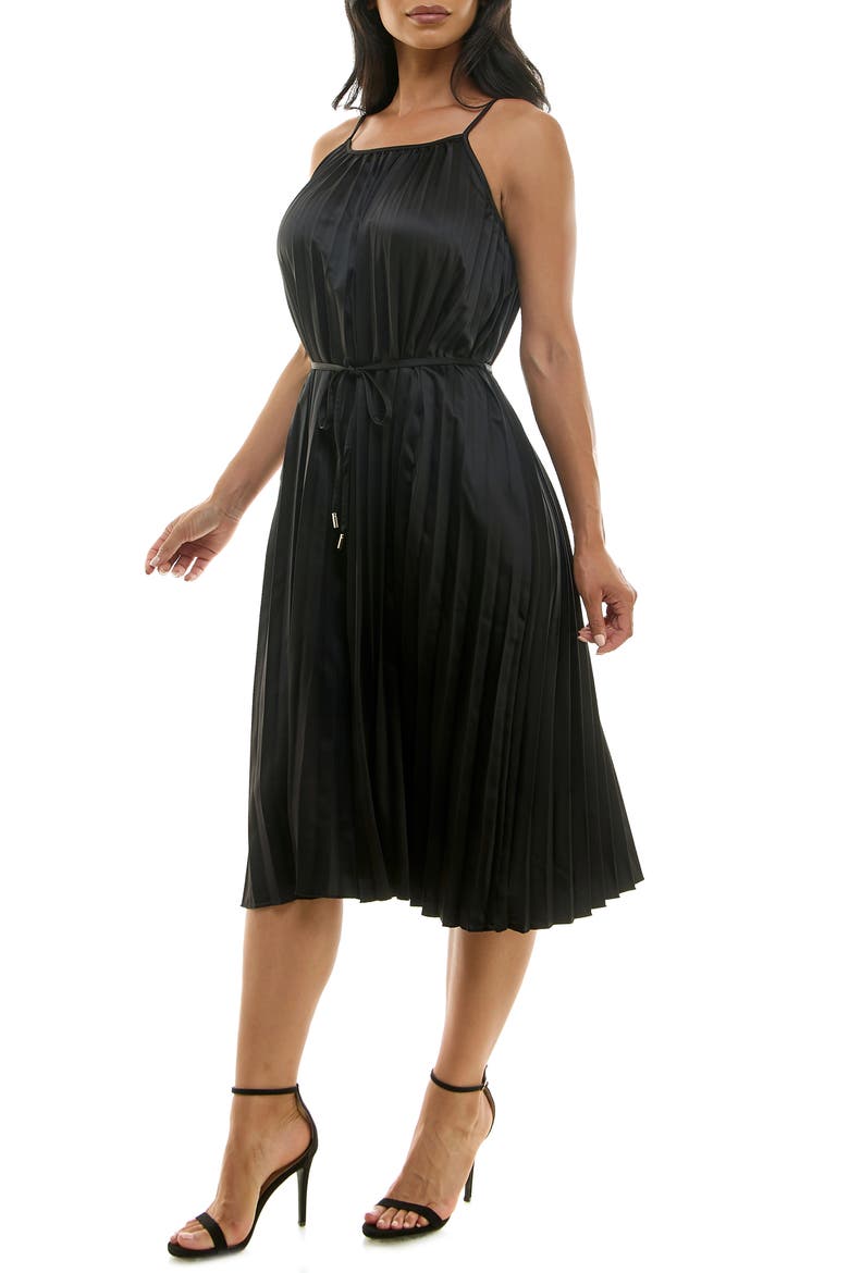 Pleated Midi Dress, Alternate, color, BLACK