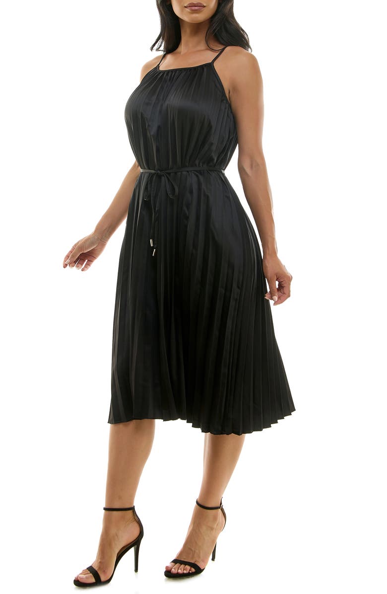 Nina Leonard Pleated Midi Dress, Alternate, color, Black