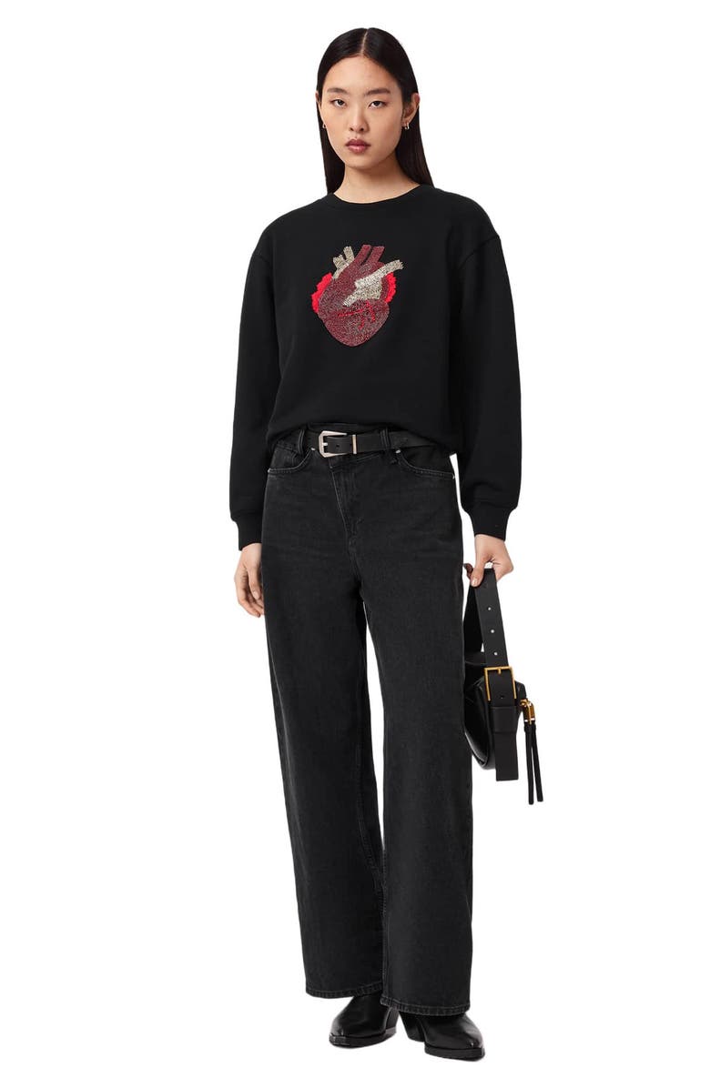 AllSaints Andrea Pippa Embellished Beaded Heart Sweatshirt, Alternate, color, Black