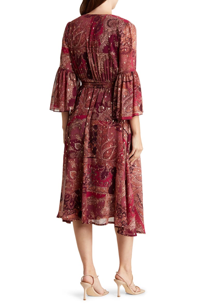 Paisley Bell Sleeve Faux Wrap Midi Dress, Alternate, color, RED