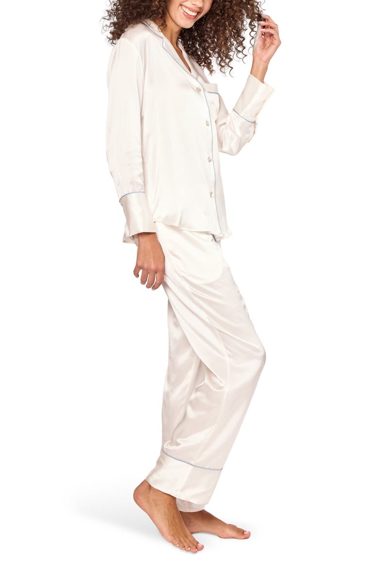 Piped Mulberry Silk Pajamas, Alternate, color, WHITE