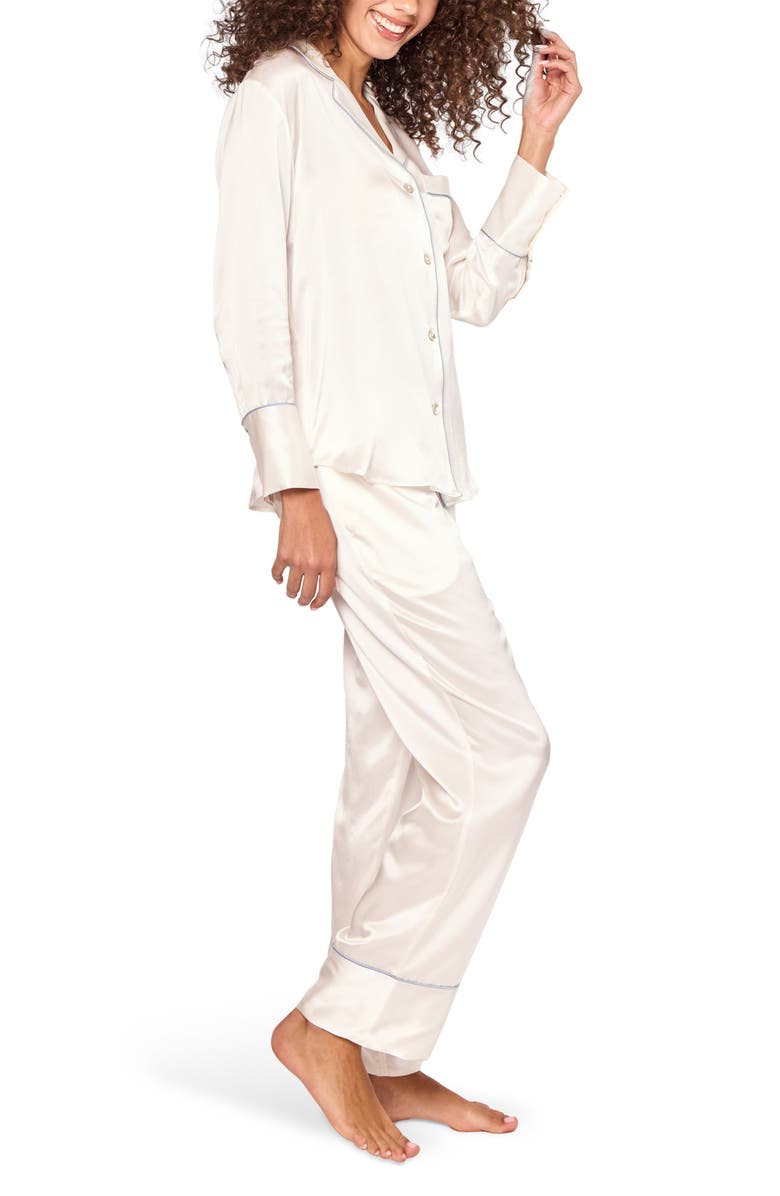 Petite Plume Piped Mulberry Silk Pajamas, Alternate, color, White