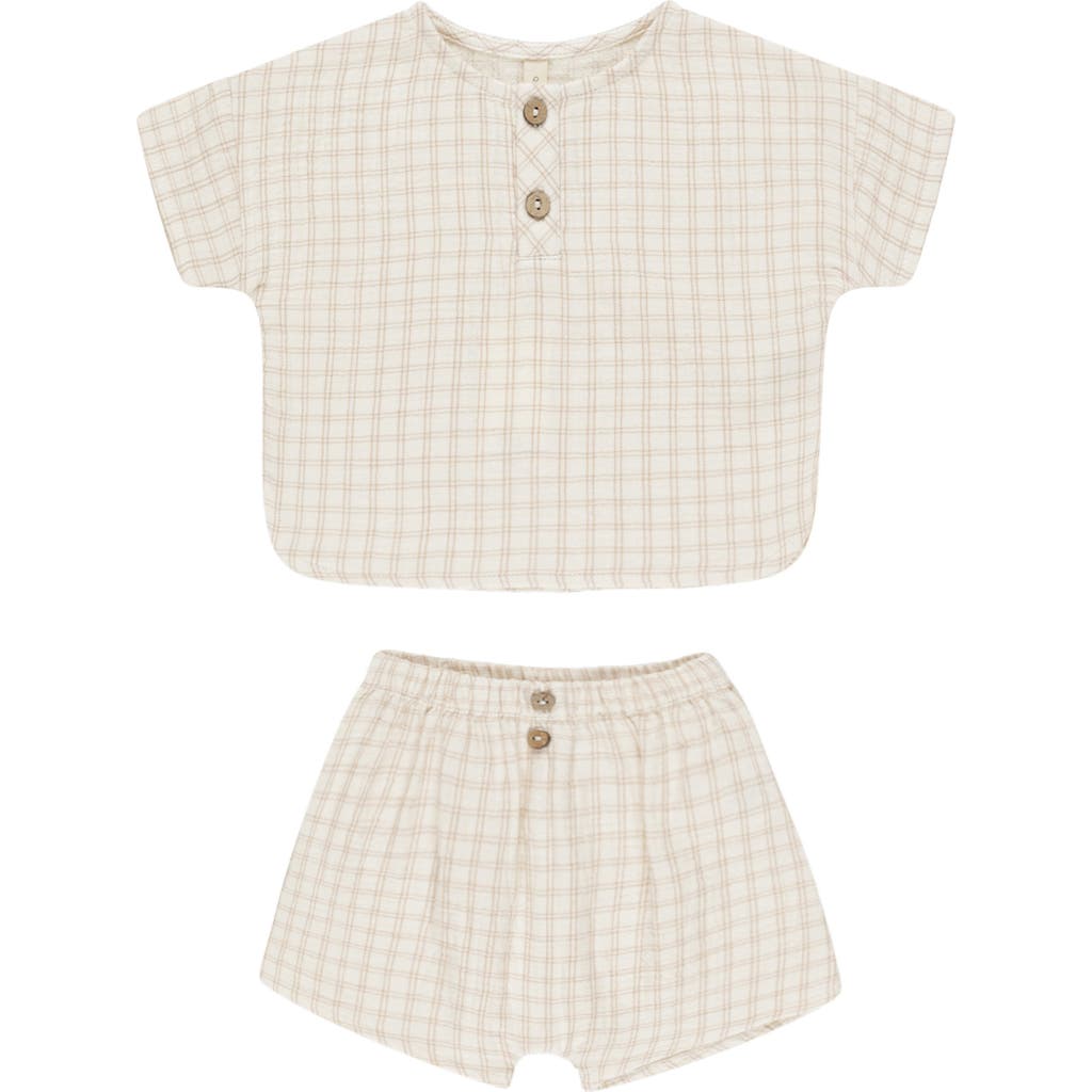 Quincy Mae Grid Print Organic Cotton Henley T-shirt & Shorts Set In Neutral