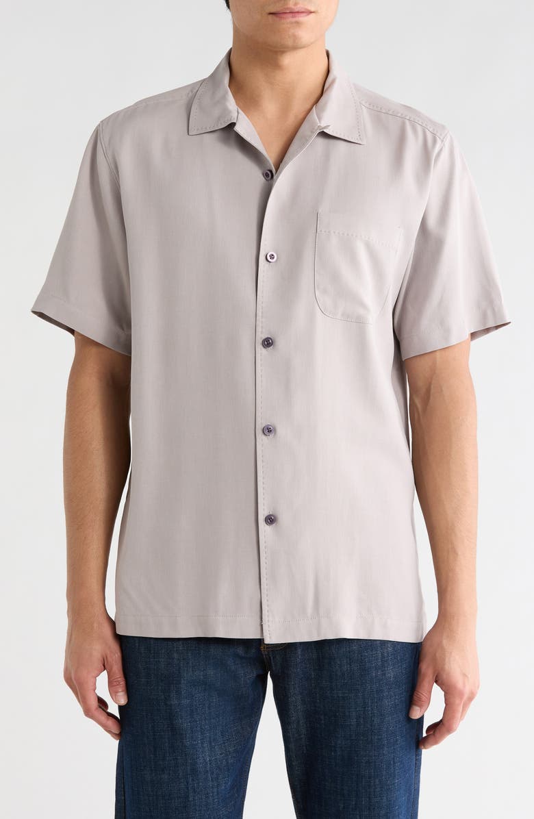 Tommy Bahama Herringbone Short Sleeve Silk Button-Up Camp Shirt, Main, color, Asheen