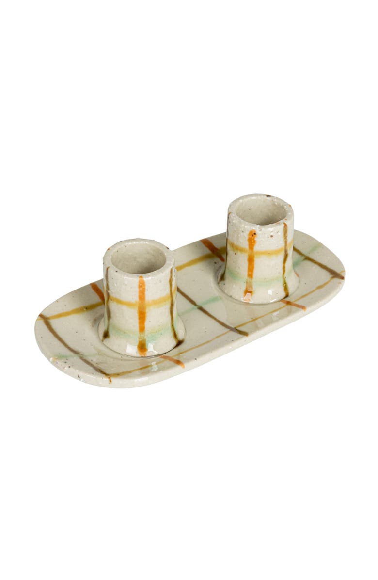 Storied Home Checkered Charm Stoneware Taper Holders, Main, color, Cream