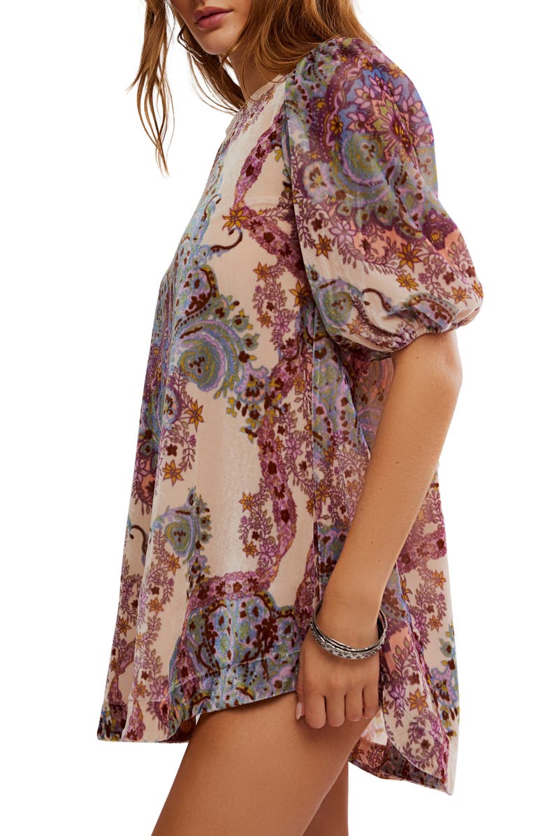 Free People Maye Print Puff Sleeve Velvet Tunic Top, Alternate, color, Tea Combo