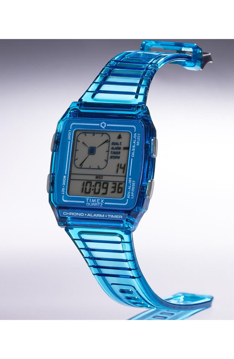 Timex<sup>®</sup> Q Timex Digital LCA Chronograph Resin Strap Watch, 35mm, Alternate, color, Blue