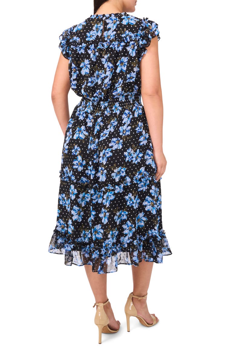 Floral Flutter Sleeve Smock Waist Midi Dress, Alternate, color, SERENE BLUE