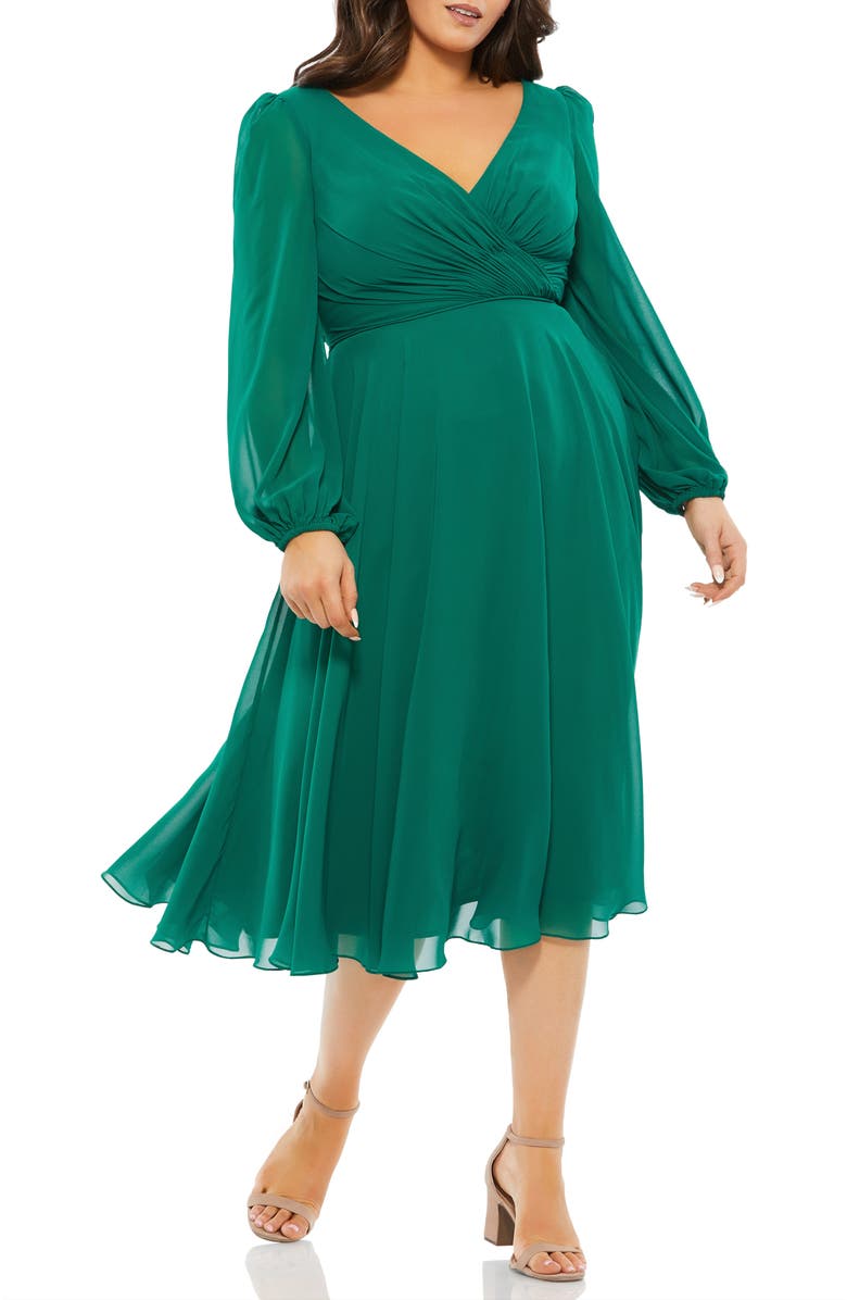 Mac Duggal Chiffon Long Bishop Sleeve Surplice Dress, Main, color, Emerald