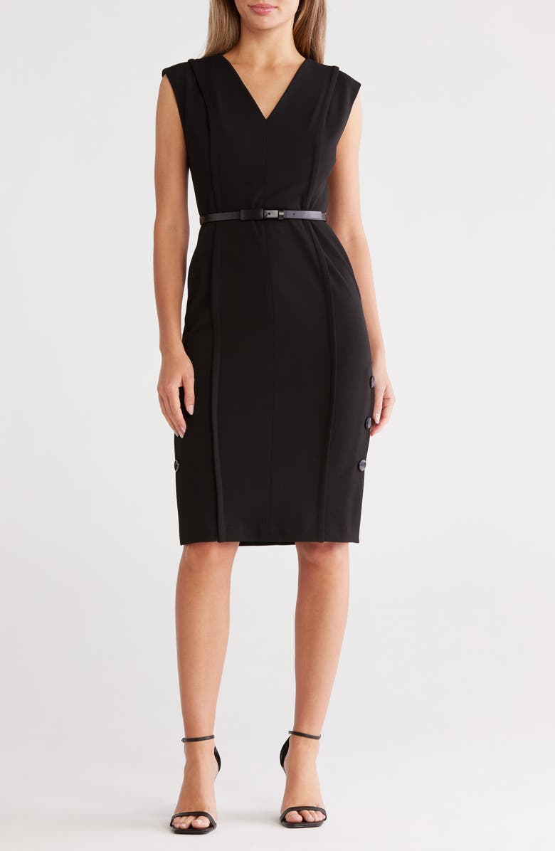 Calvin Klein Sleeveless Belted Side Button Crepe Sheath Dress, Main, color,