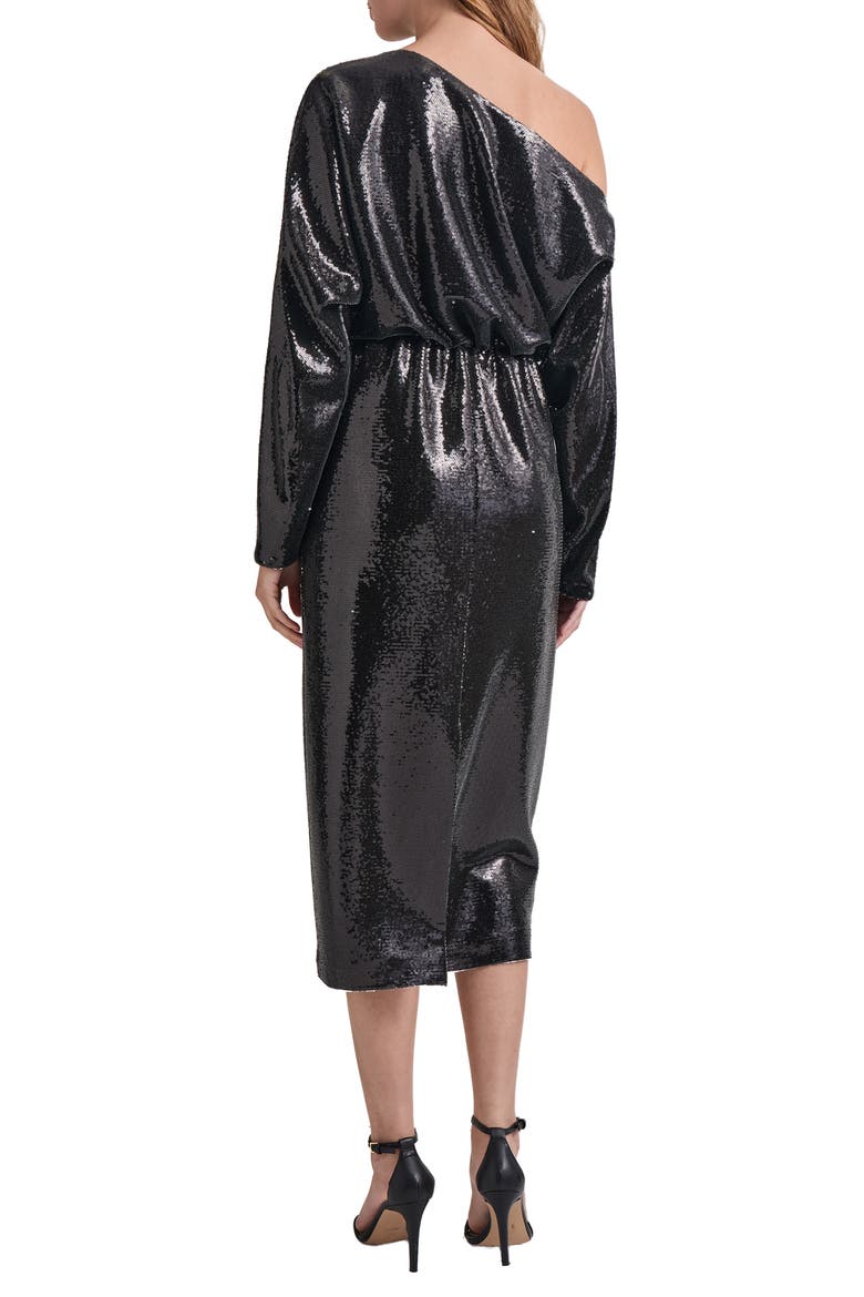 Sequin Novelty One-Shoulder Long Sleeve Dress, Alternate, color, BLACK