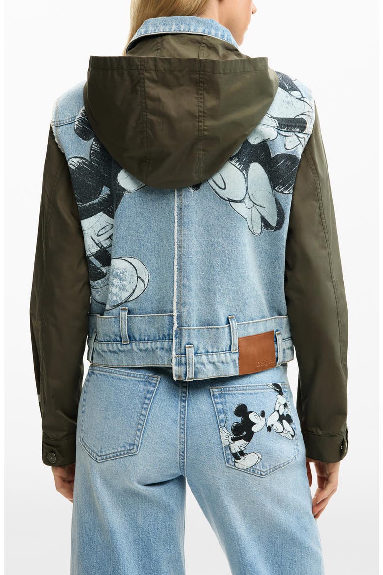 Mickey Mouse Embroidered Mixed Media Denim Hooded Jacket, Alternate, color, MEDIUM BLUE