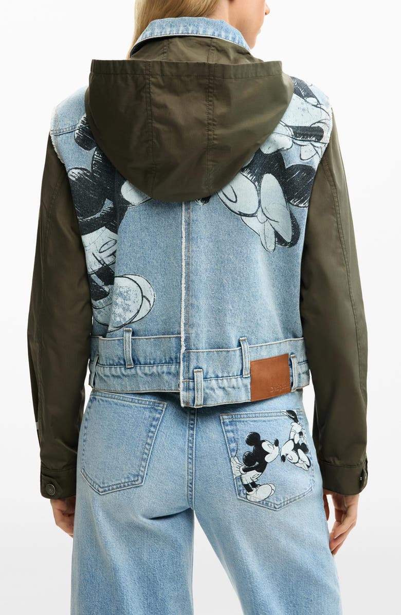Desigual Mickey Mouse Embroidered Mixed Media Denim Hooded Jacket, Alternate, color, Medium Blue
