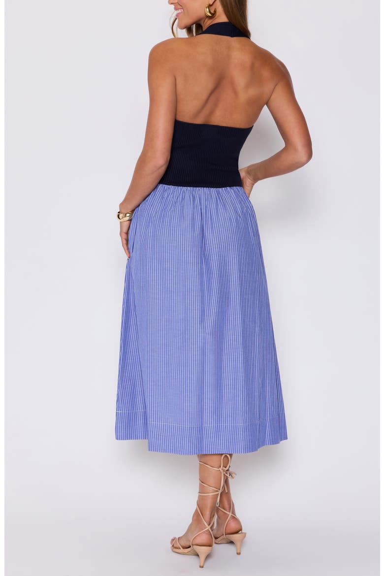 Piper Mixed Media Midi Halter Dress (Nordstrom Exclusive), Alternate, color, NAVY