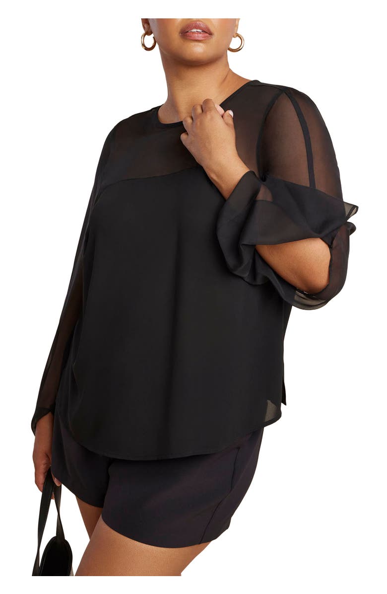 ELOQUII Draped Sheer Sleeve Blouse, Main, color, Black Onyx