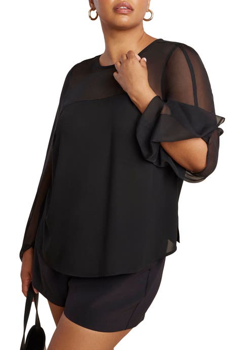 Draped Sheer Sleeve Blouse (Plus Available)