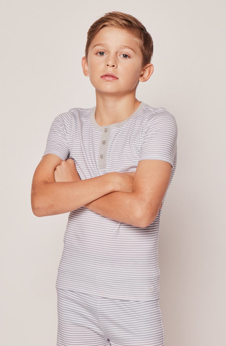 Petite Plume Kids' Stripe Fitted Two-Piece Pima Cotton Short Pajamas, Alternate, color, Grey