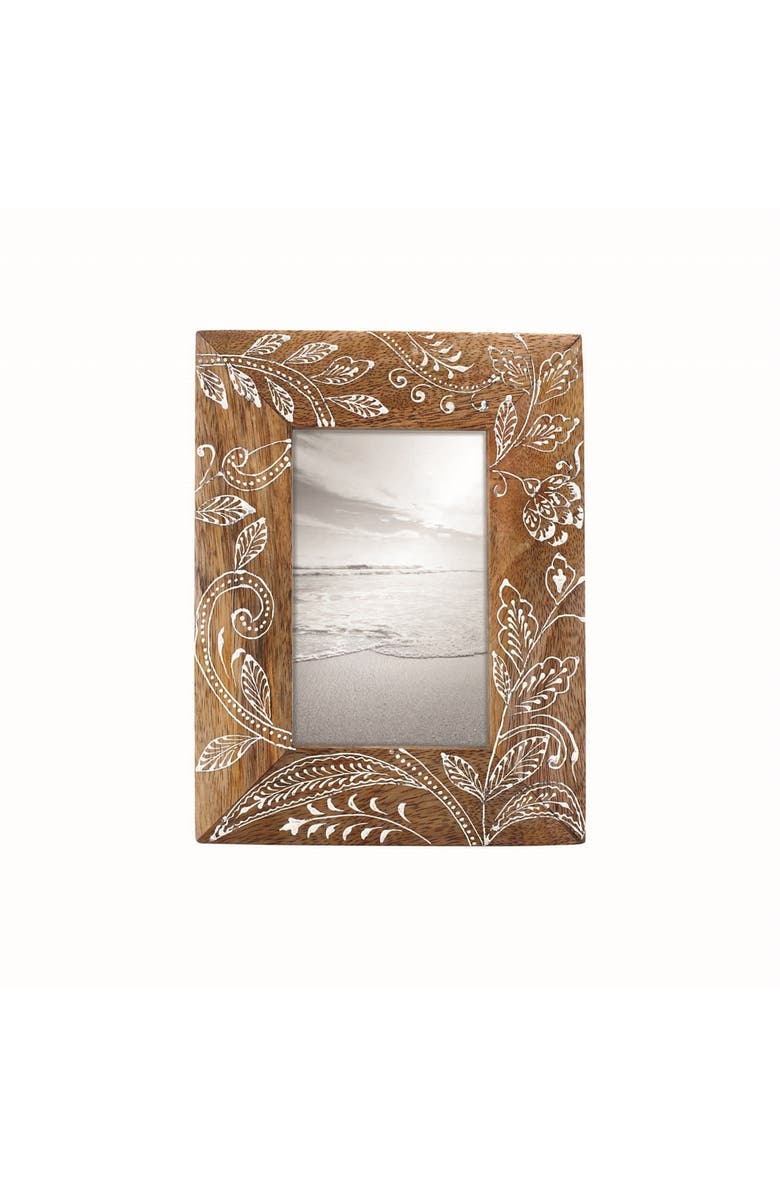 Foreside Home and Garden Natural Wood 4 x 6 inch Floral Pattern Decorative Wood Picture Frame, Main, color, Brown