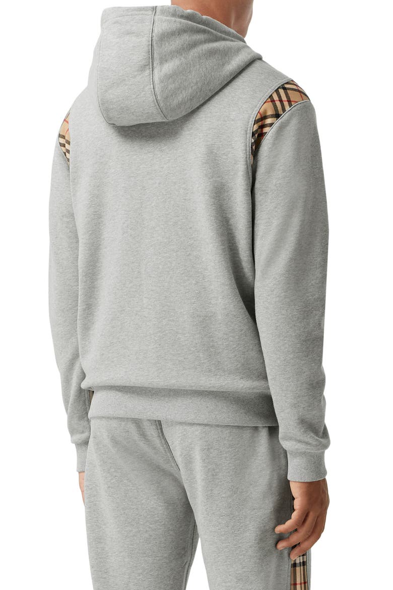 Check Panel Cotton Hoodie, Alternate, color, PALE GREY MELANGE